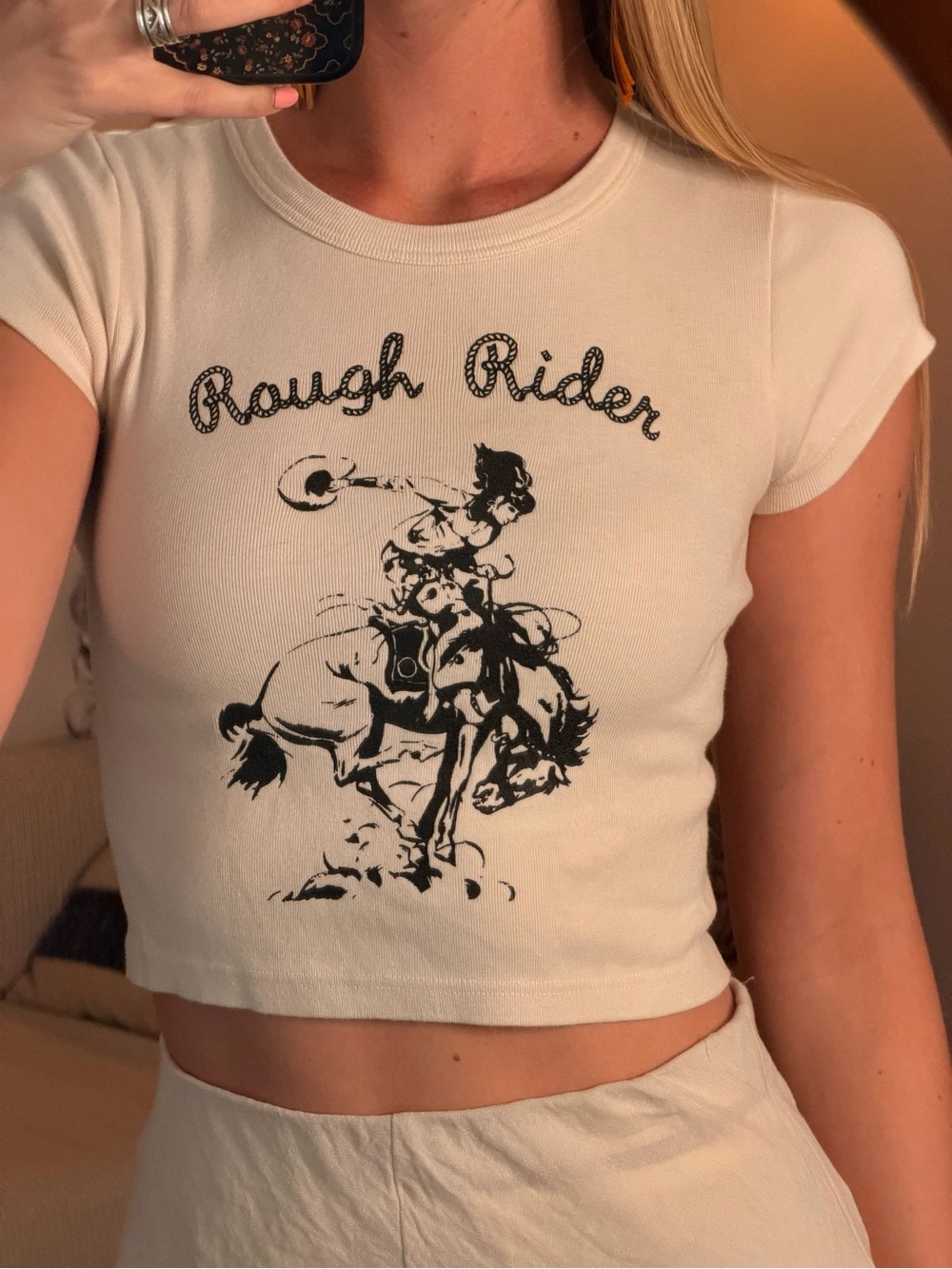Brandy Melville Rough Rider Cream Graphic Crop Tee
